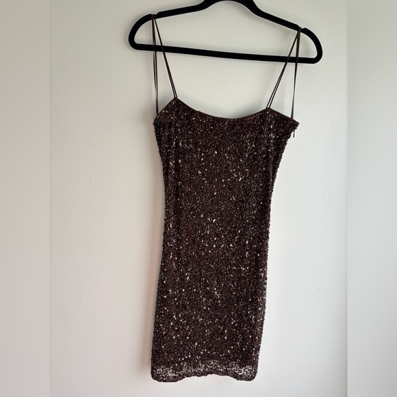 Retrofete Dresses & Skirts - Retrofête Brown Sequin Spaghetti Strap Mini Dress Size L Side Zipper Fully Lined